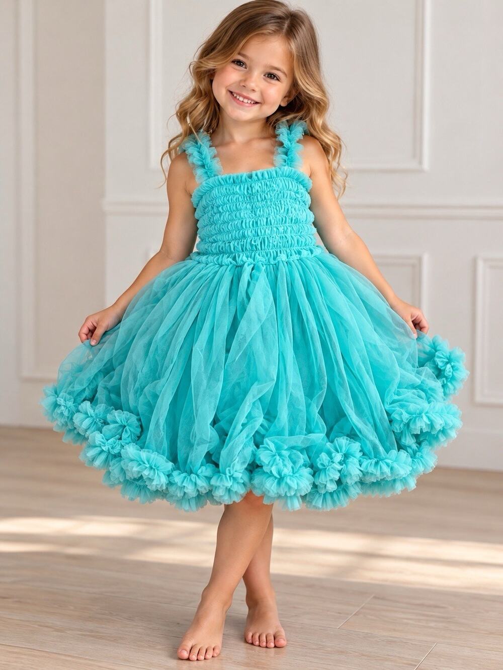 RuffleButts Girls 4T-5 Aqua Blue Tutu Dress Ruffled Tulle Party Birthday